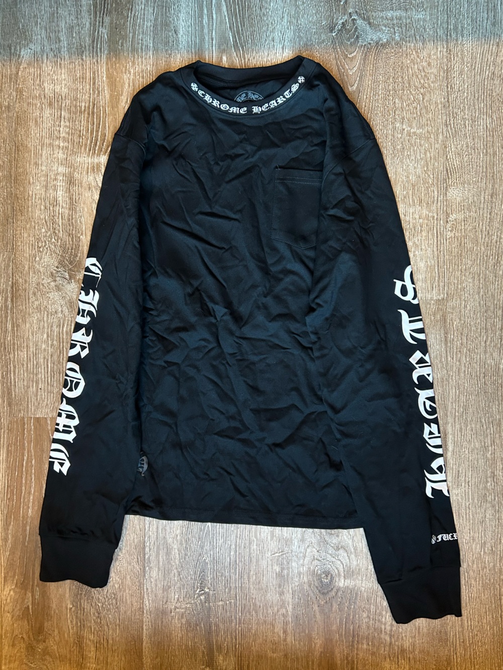 Chrome Hearts Black Long Sleeve Tee with White Sleeve Script and Neck Logo